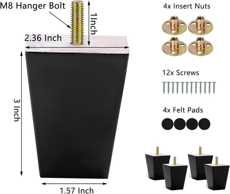 Michanco 3 Inch Black Sofa Legs Set of 4 Square Tapared Wood Furniture Feet for Couch Sofa Ottoman - Image 4